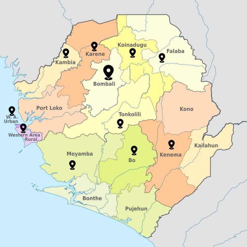 Map of Sierra Leone showing MADAM project locations and offices